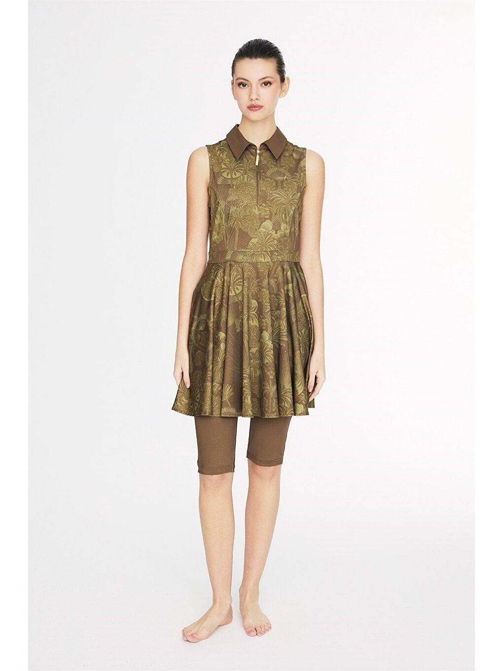 Vaha Koleksiyonu Desenli Gömlek Yaka Yeşil 4 Parça Yarı Kapalı Mayo Takımı 5093-2