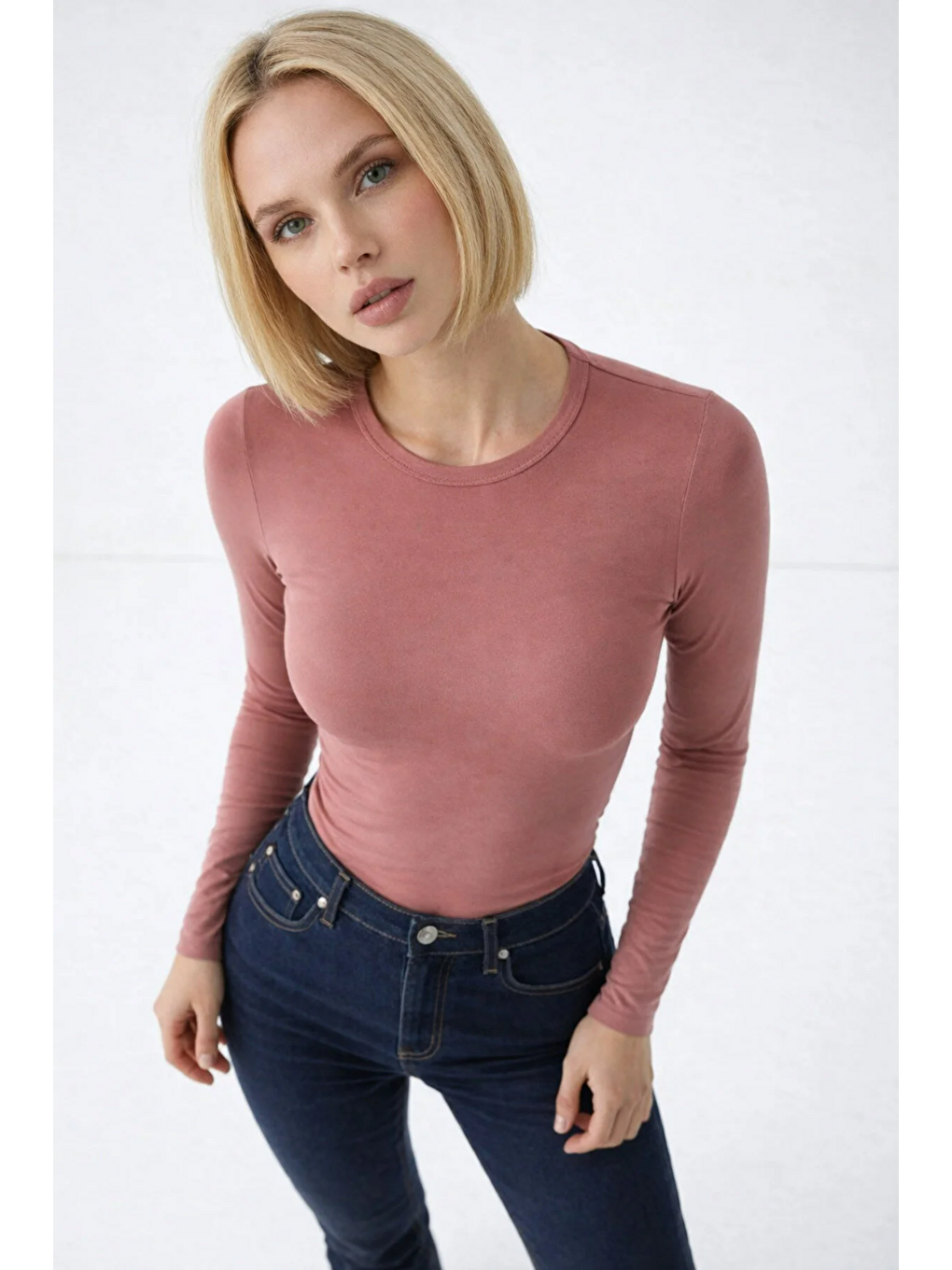 Pembe Kadın Günlük Fashion Dar Pudra Tişört