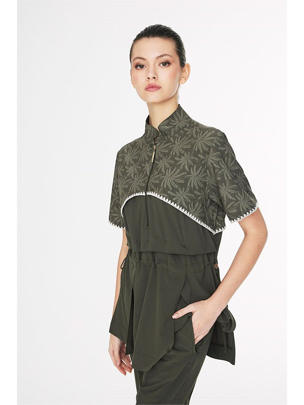 Haki Vaha Koleksiyonu Omuz Ve Kolları Palmiye Desenli Yeşil 5 Parça Yarı Kapalı Mayo Takımı 5094-6