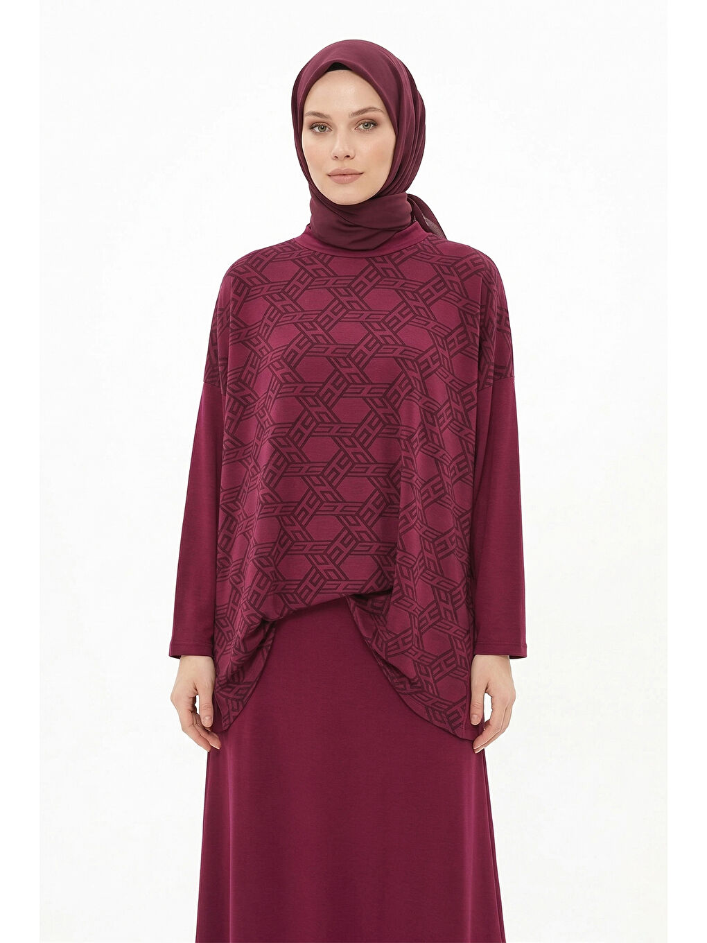 Desen Detaylı Pantolonlu Takım 1058 Mürdüm-3