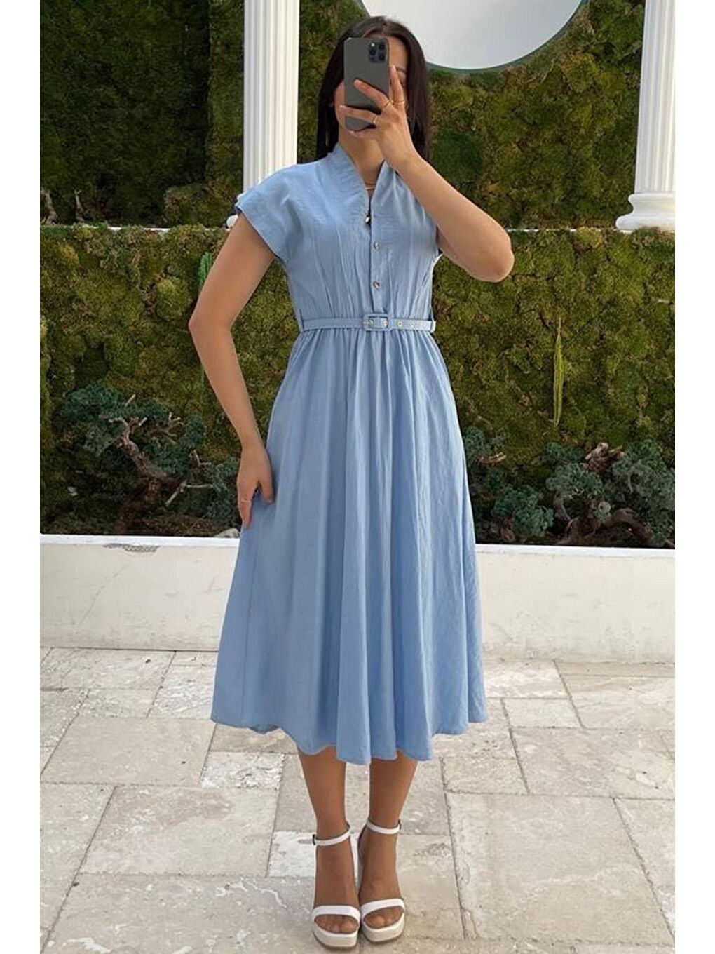 Bebe Mavisi Kısa Kollu Midi Boy Kadın Elbise Mg2497-1