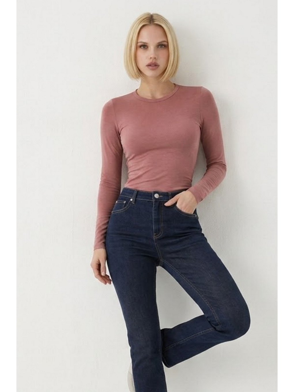 Pembe Kadın Günlük Fashion Dar Pudra Tişört-2