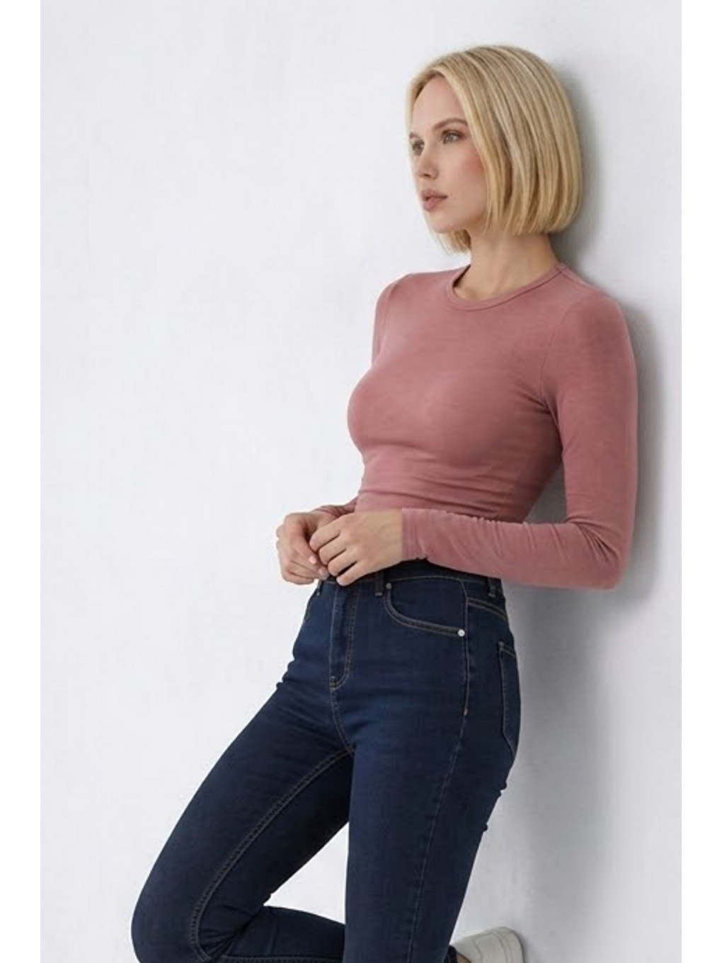 Pembe Kadın Günlük Fashion Dar Pudra Tişört-3