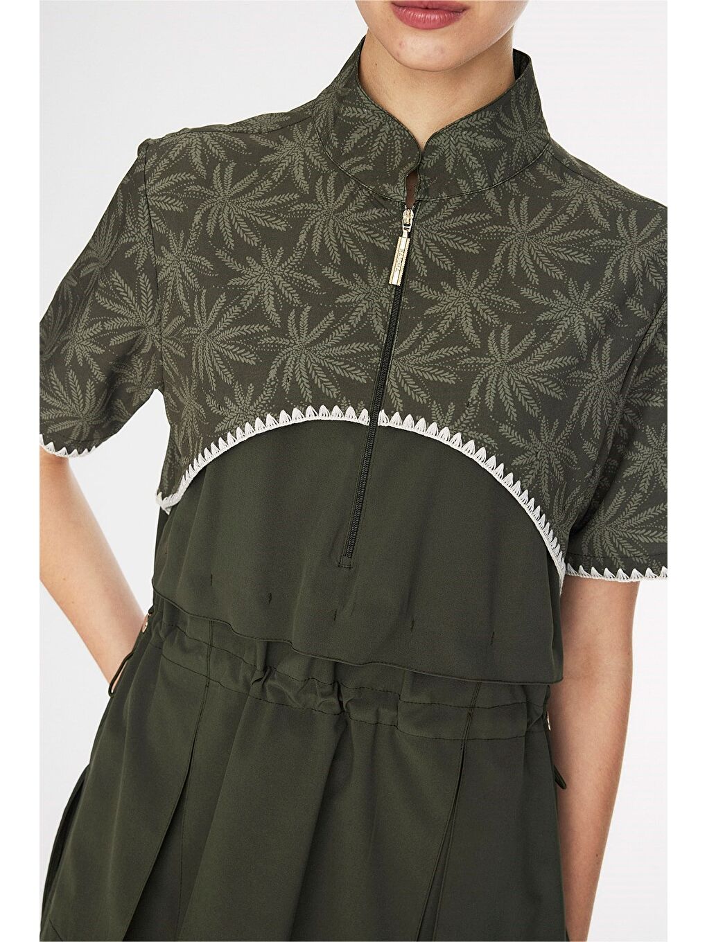 Haki Vaha Koleksiyonu Omuz Ve Kolları Palmiye Desenli Yeşil 5 Parça Yarı Kapalı Mayo Takımı 5094-7