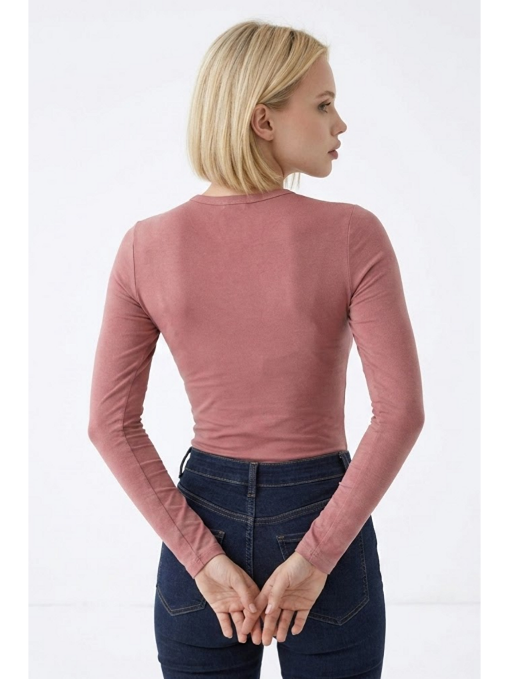 Pembe Kadın Günlük Fashion Dar Pudra Tişört-5