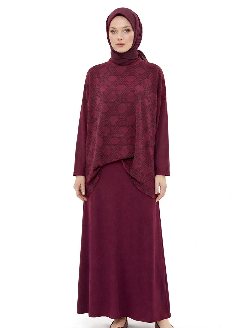 Desen Detaylı Pantolonlu Takım 1058 Mürdüm-4