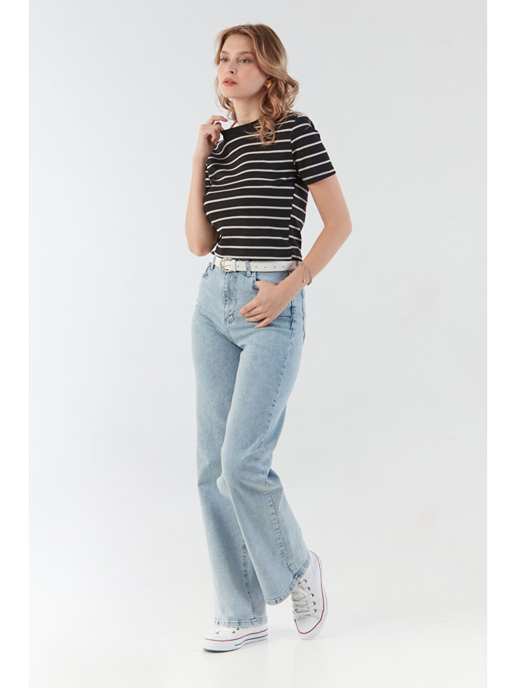 Siyah Basic Çizgili Crop Tişört-3