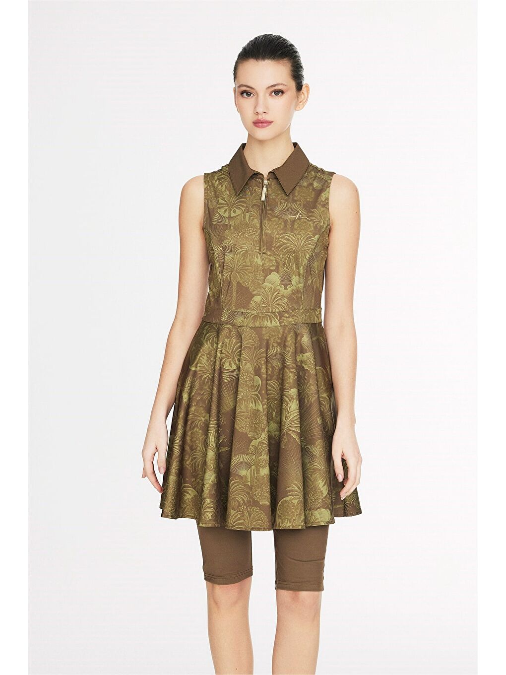 Vaha Koleksiyonu Desenli Gömlek Yaka Yeşil 4 Parça Yarı Kapalı Mayo Takımı 5093-5