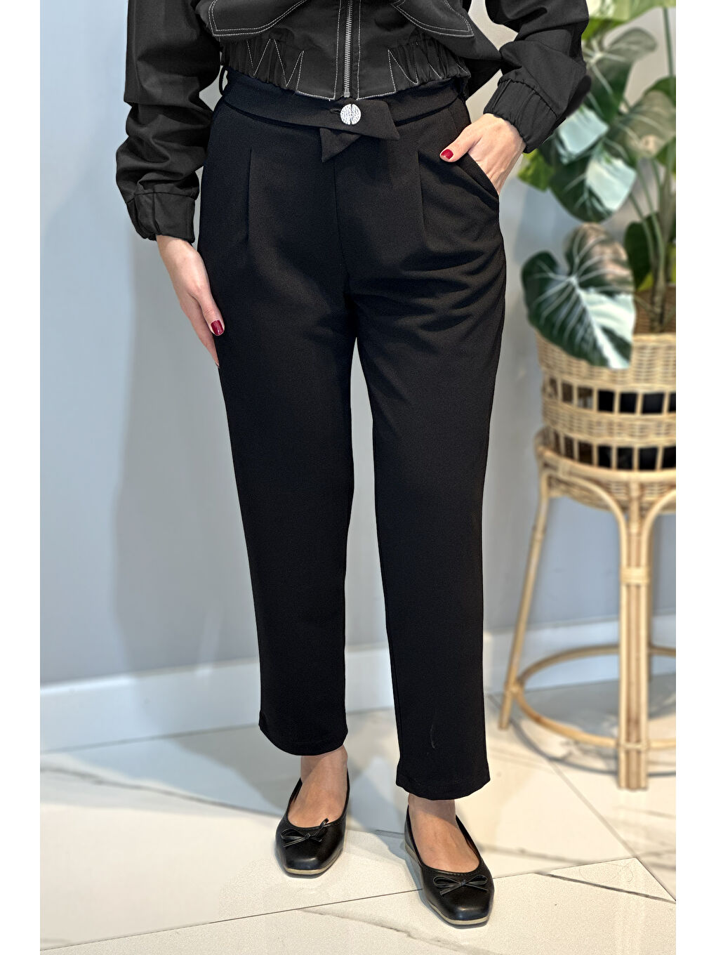Kuşak Detay Pantolon 16124 Siyah-3