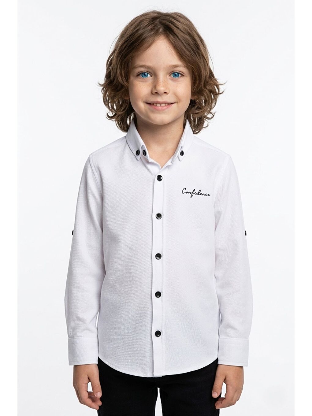 Beyaz Yazı Baskılı Kolu Katlamalı Erkek Çocuk Gömlek-1