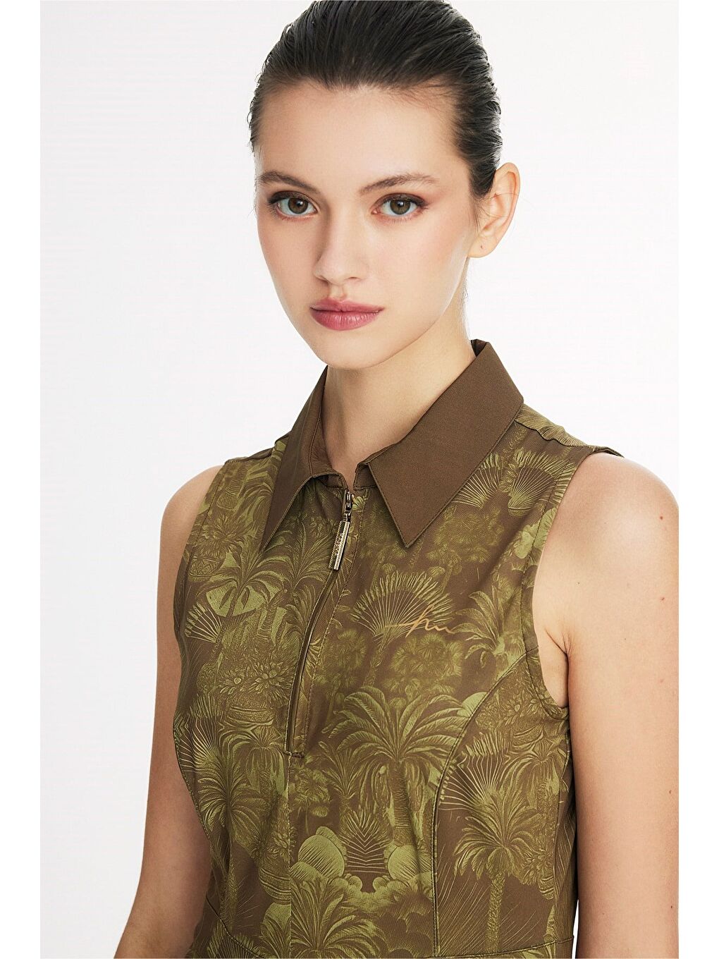 Vaha Koleksiyonu Desenli Gömlek Yaka Yeşil 4 Parça Yarı Kapalı Mayo Takımı 5093-7