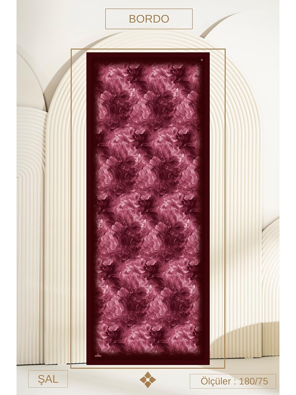 Bordo Desenli Kırışık Dokulu Bloom Soft Şal-2