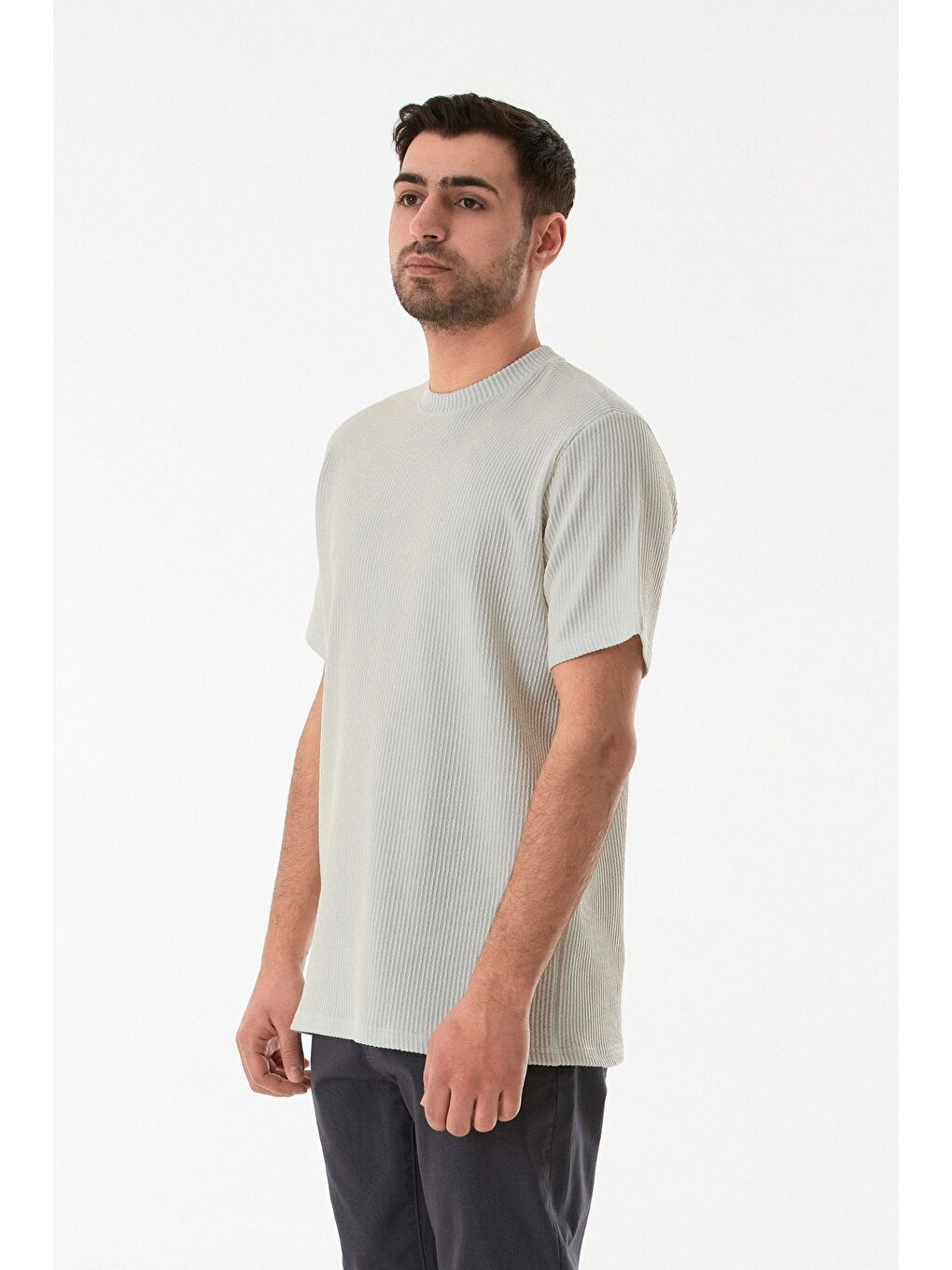 Mavi Fitilli Çizgili Bisiklet Yaka Tişört-2