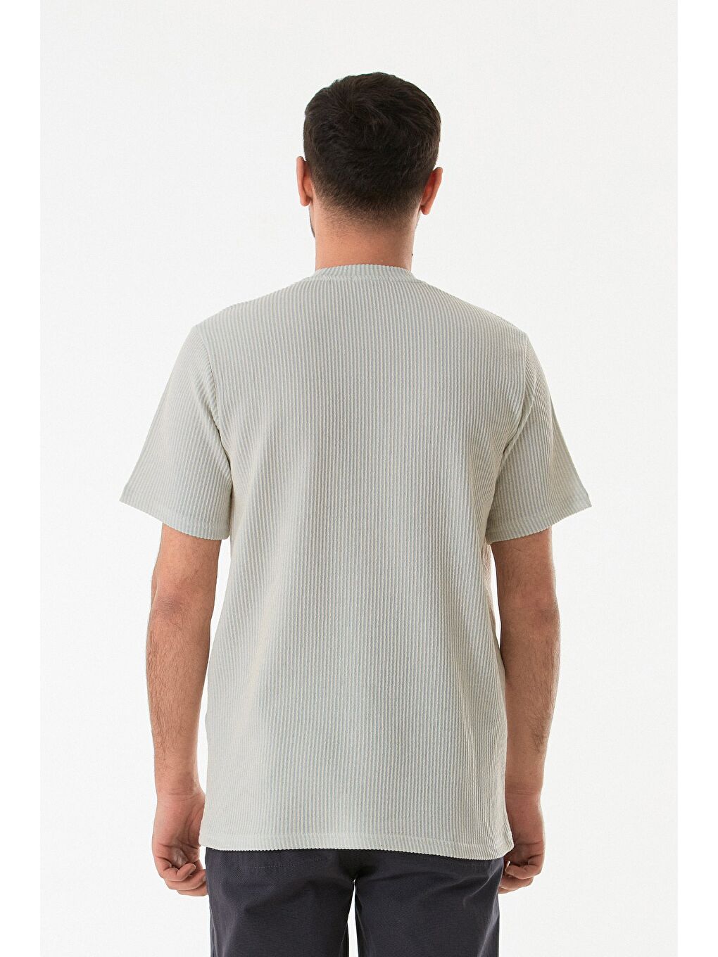 Mavi Fitilli Çizgili Bisiklet Yaka Tişört-3