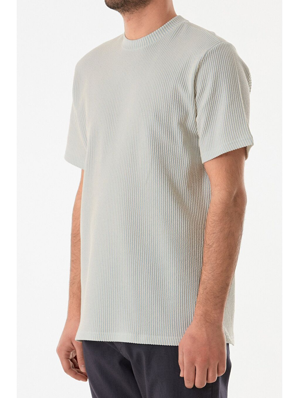 Mavi Fitilli Çizgili Bisiklet Yaka Tişört-4