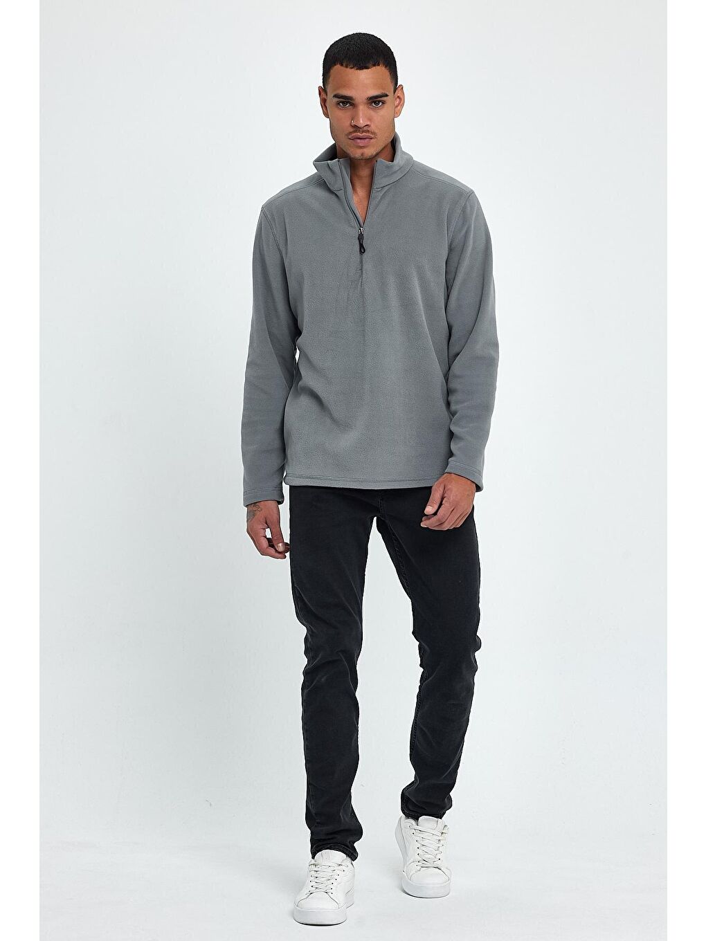 Gri Erkek Rahat Kalıp Softech Polar Yarım Fermuarlı Sweatshırt spr24pw20