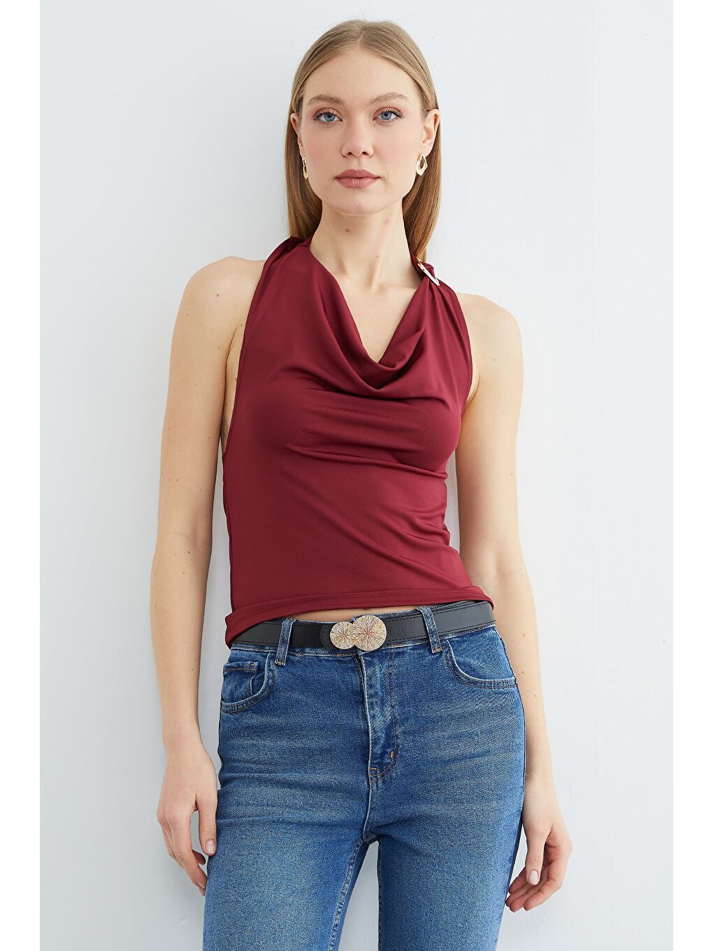 Bordo Boyundan Geçmeli Tokalı Bluz-1