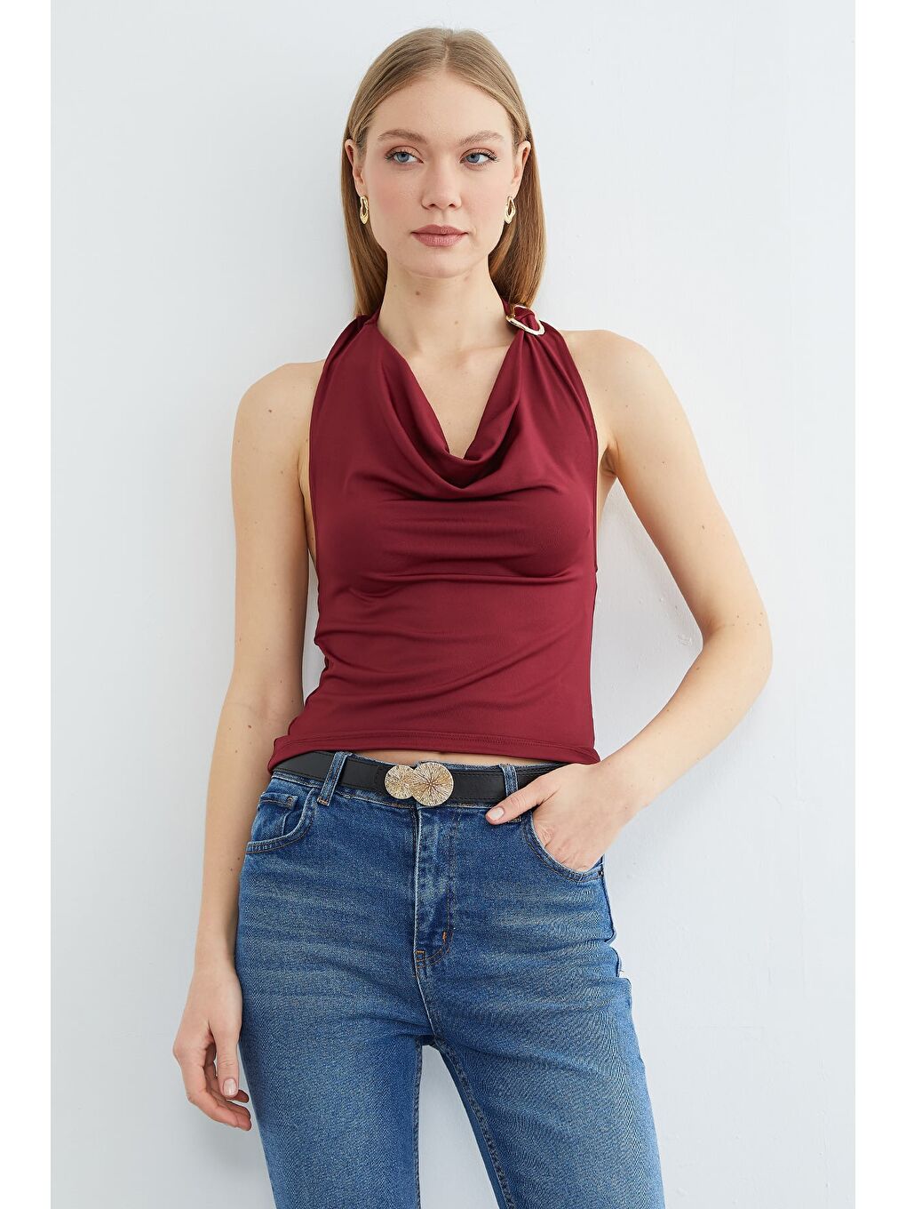 Bordo Boyundan Geçmeli Tokalı Bluz-2