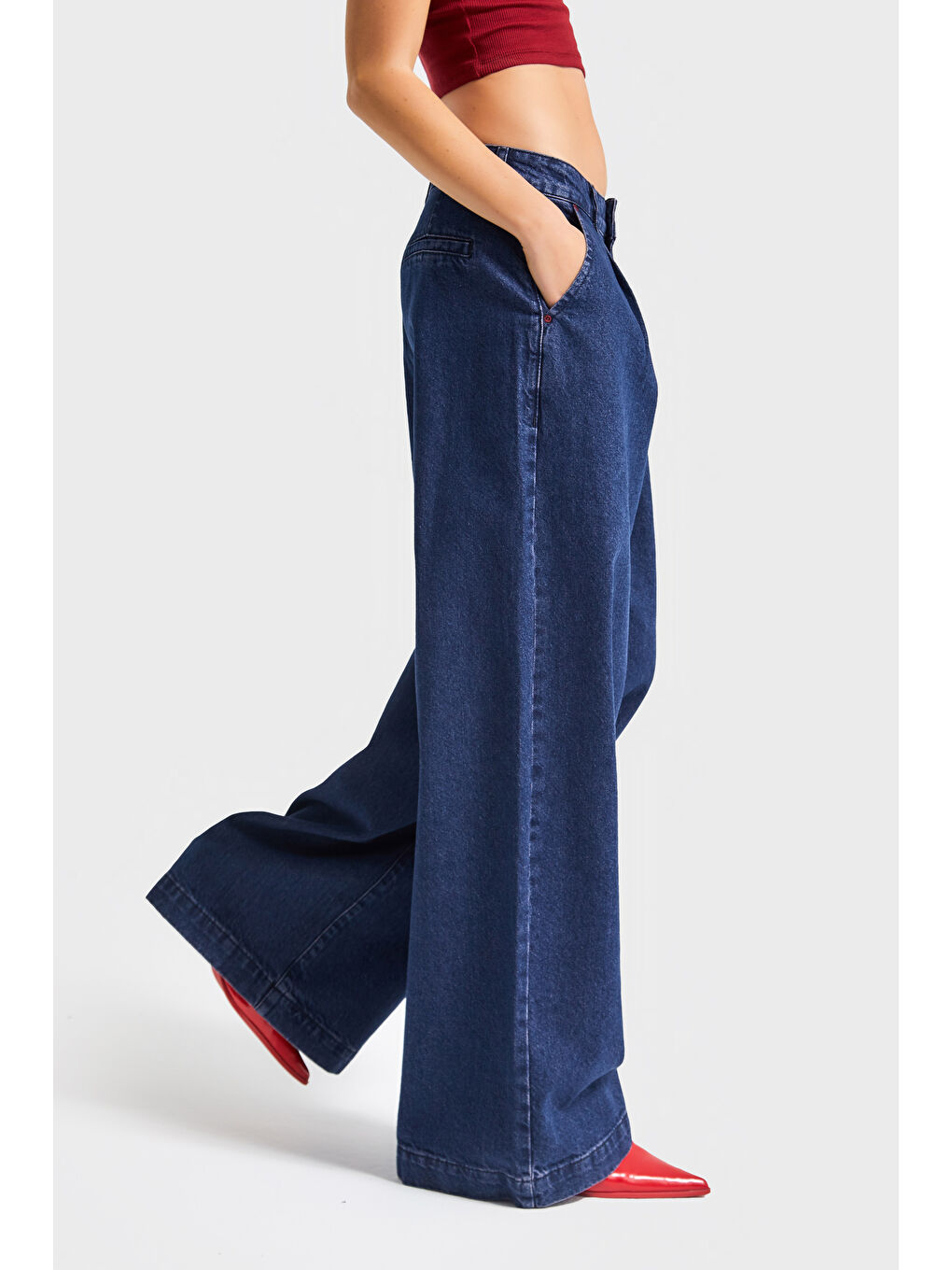 Kadın Koyu Mavi Renk 1w5-149 Palazzo Fit %100 Pamuk Özel Dökümlü Kumaş Denim Jean