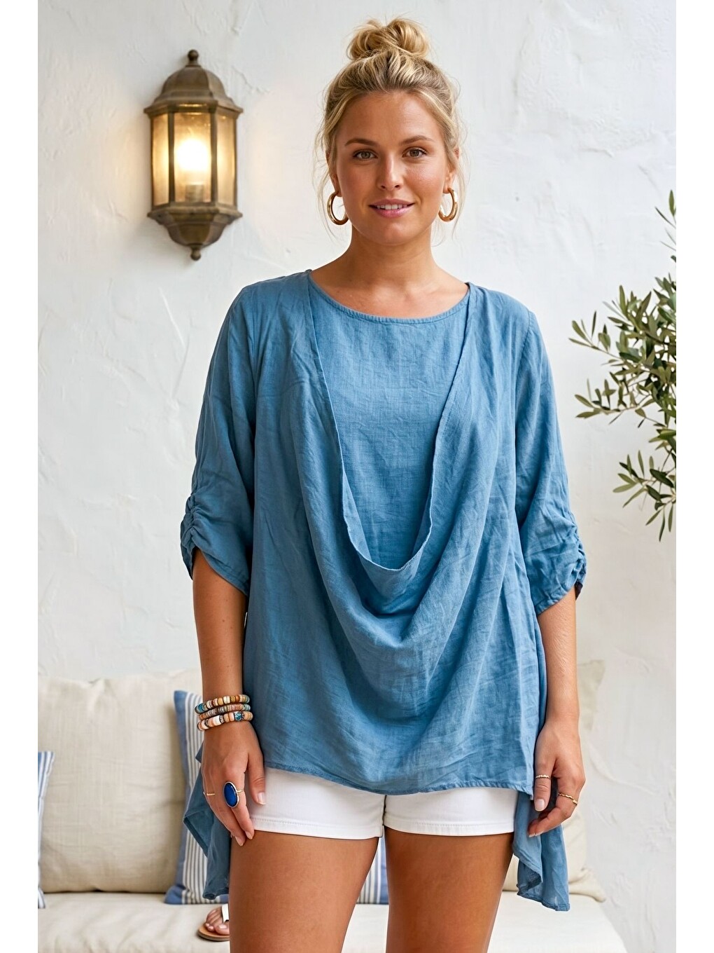 İndigo Yuvarlak Yaka 3/4 Kol İkili Set Casual Pamuklu Salaş Dokuma Bluz 80 63-1