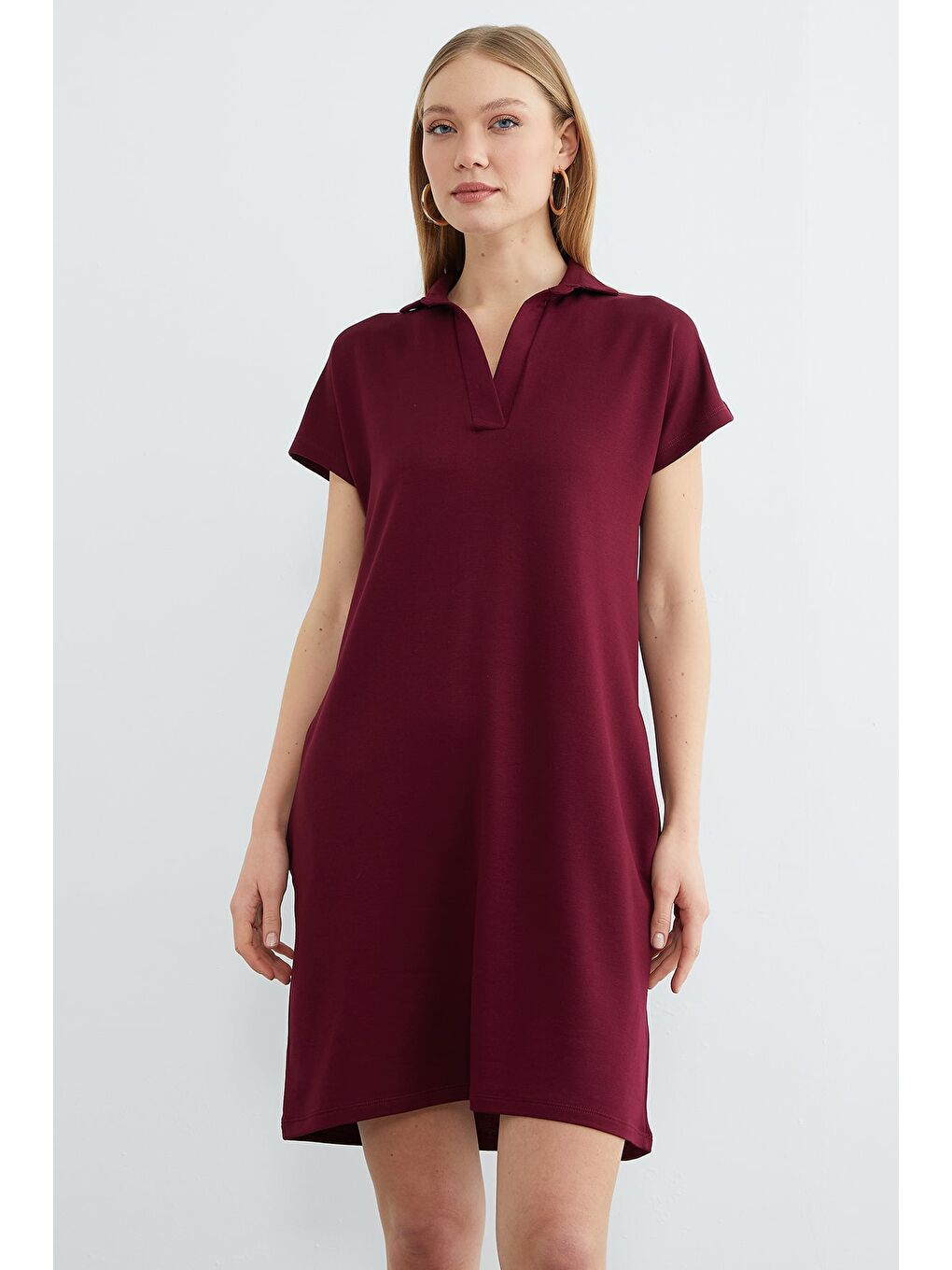 Bordo Basic Polo Yaka Cepli Mini Boy Elbise-1