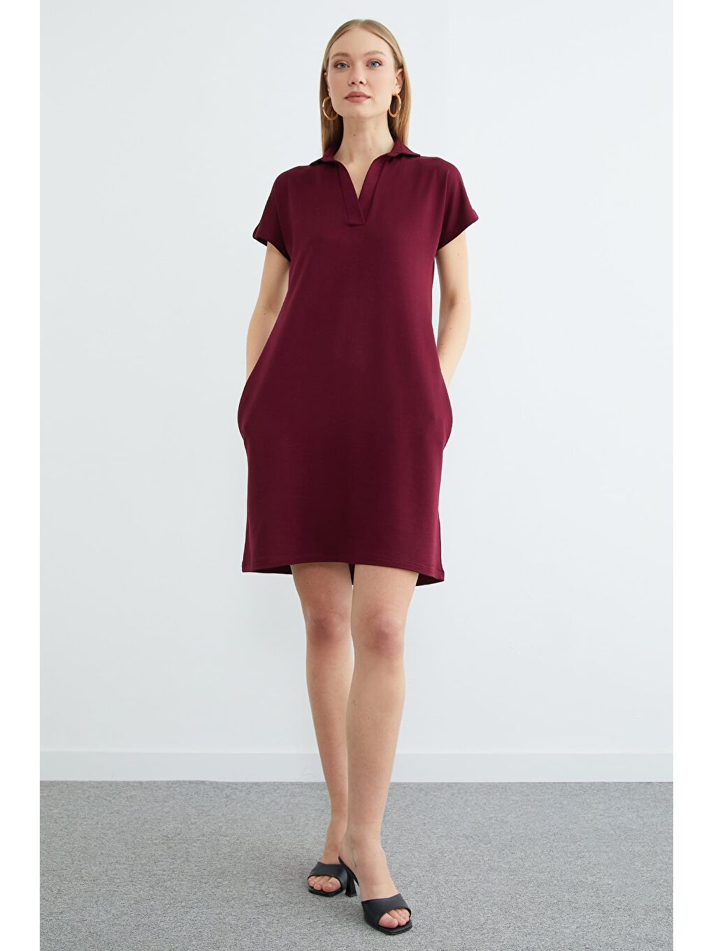 Bordo Basic Polo Yaka Cepli Mini Boy Elbise-2