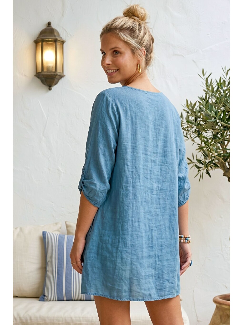 İndigo Yuvarlak Yaka 3/4 Kol İkili Set Casual Pamuklu Salaş Dokuma Bluz 80 63-4