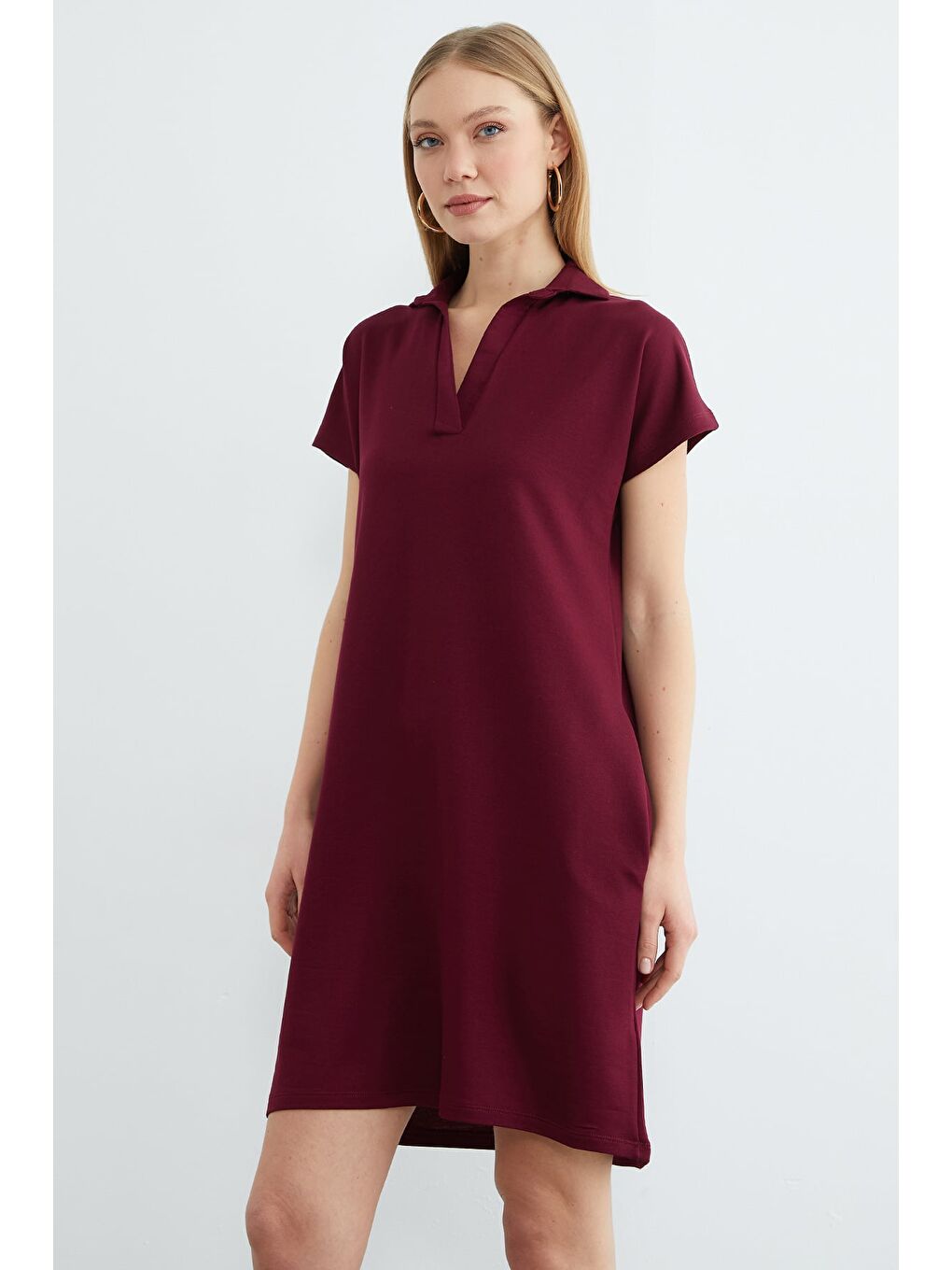 Bordo Basic Polo Yaka Cepli Mini Boy Elbise-4