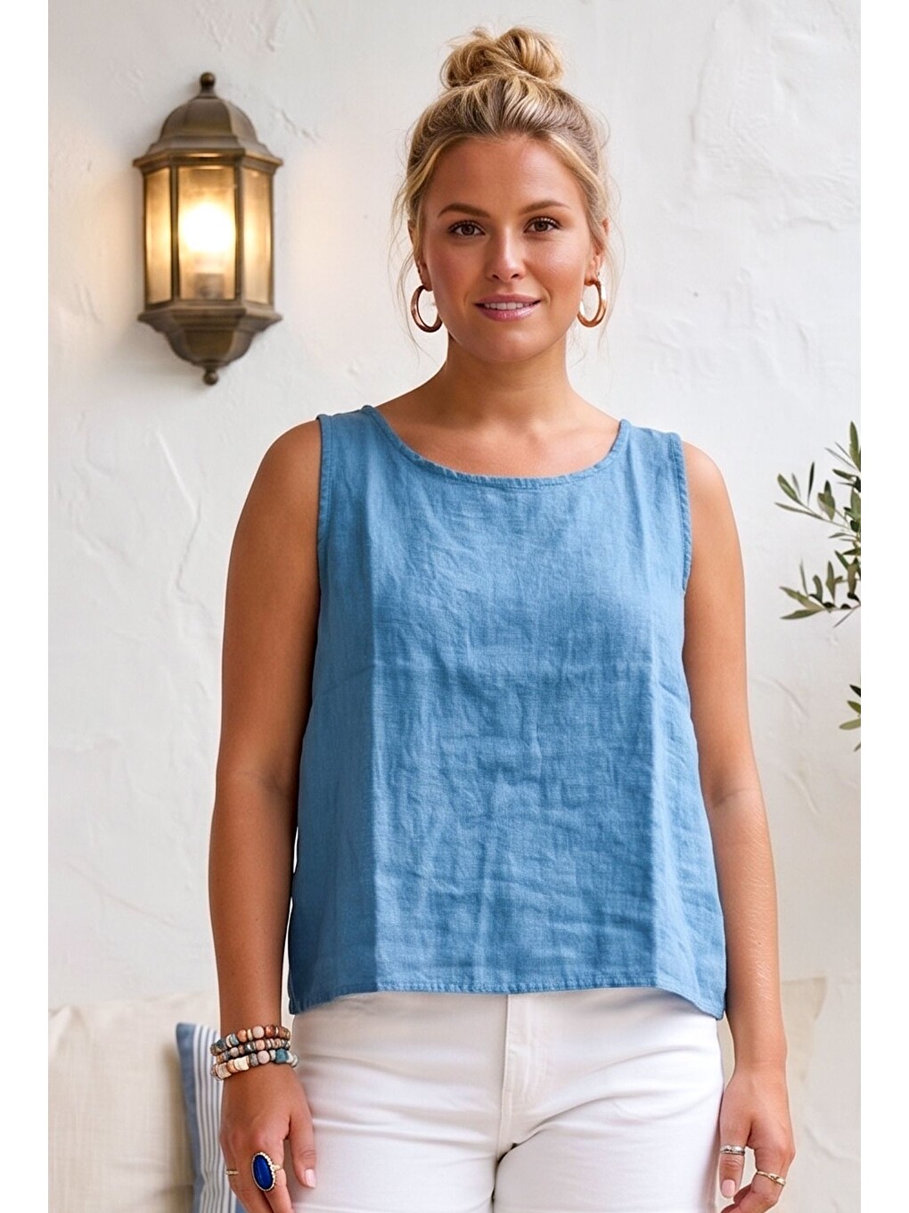 İndigo Yuvarlak Yaka 3/4 Kol İkili Set Casual Pamuklu Salaş Dokuma Bluz 80 63-5