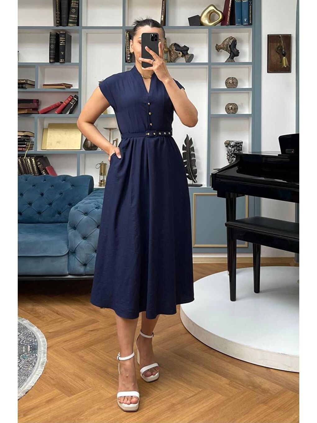 Lacivert Kısa Kollu Midi Boy Kadın Elbise Mg2497-3