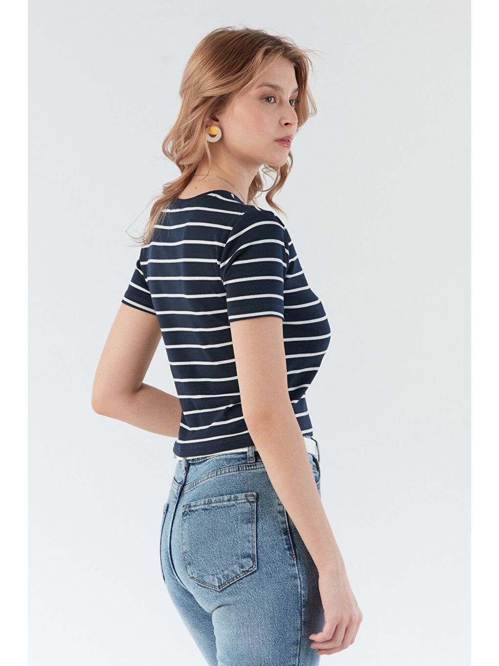 Lacivert Basic Çizgili Crop Tişört-1