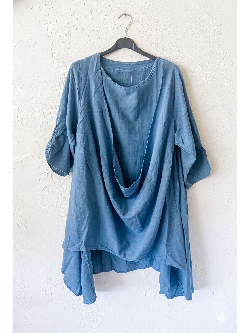 İndigo Yuvarlak Yaka 3/4 Kol İkili Set Casual Pamuklu Salaş Dokuma Bluz 80 63-6