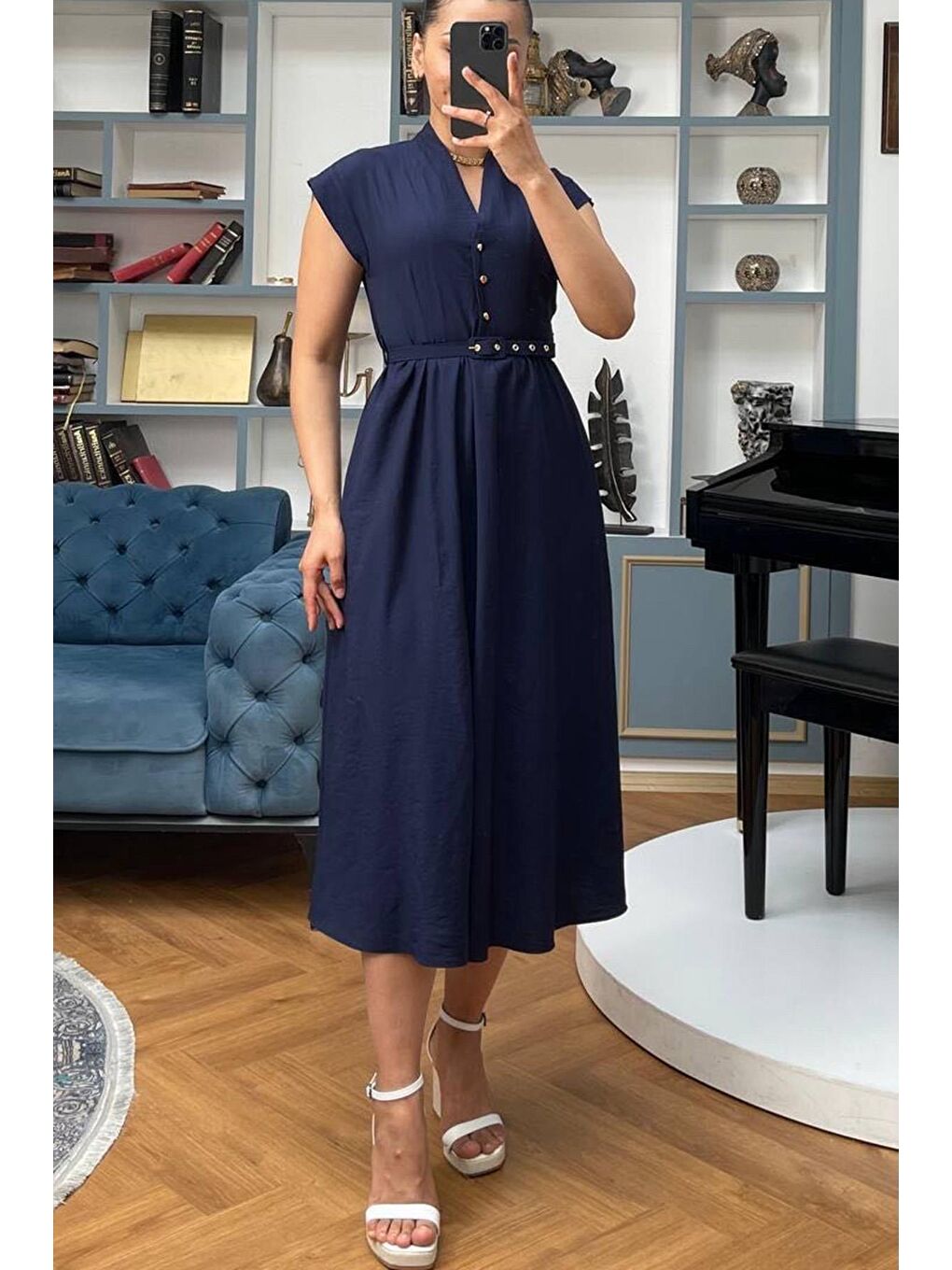 Lacivert Kısa Kollu Midi Boy Kadın Elbise Mg2497-4