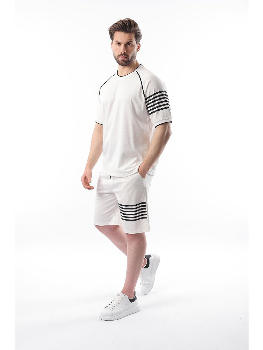 Ekru Baskılı Reglan Kol Erkek Şort T-Shirt %100 Pamuk Takımı E7306