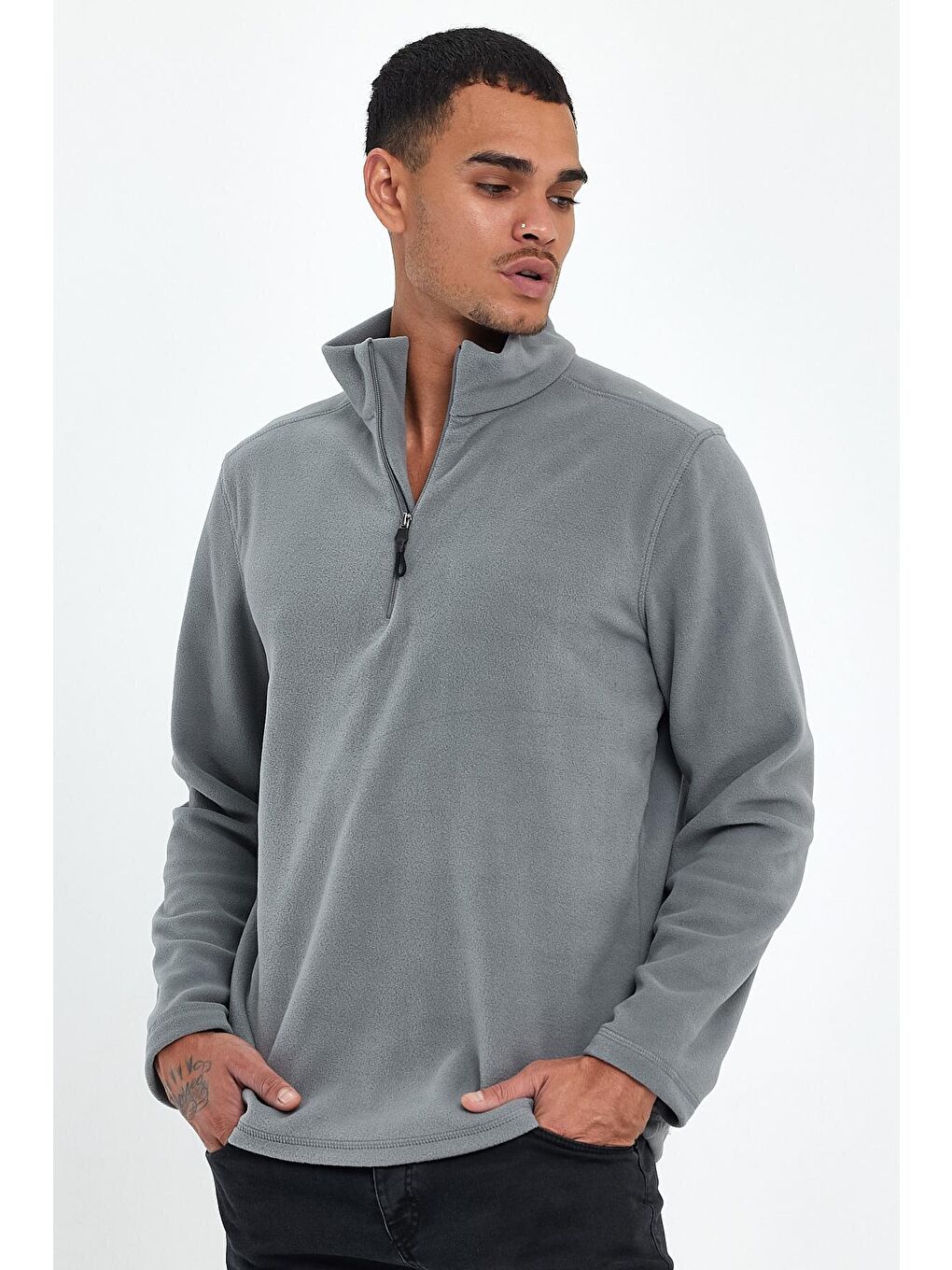 Gri Erkek Rahat Kalıp Softech Polar Yarım Fermuarlı Sweatshırt spr24pw20-1