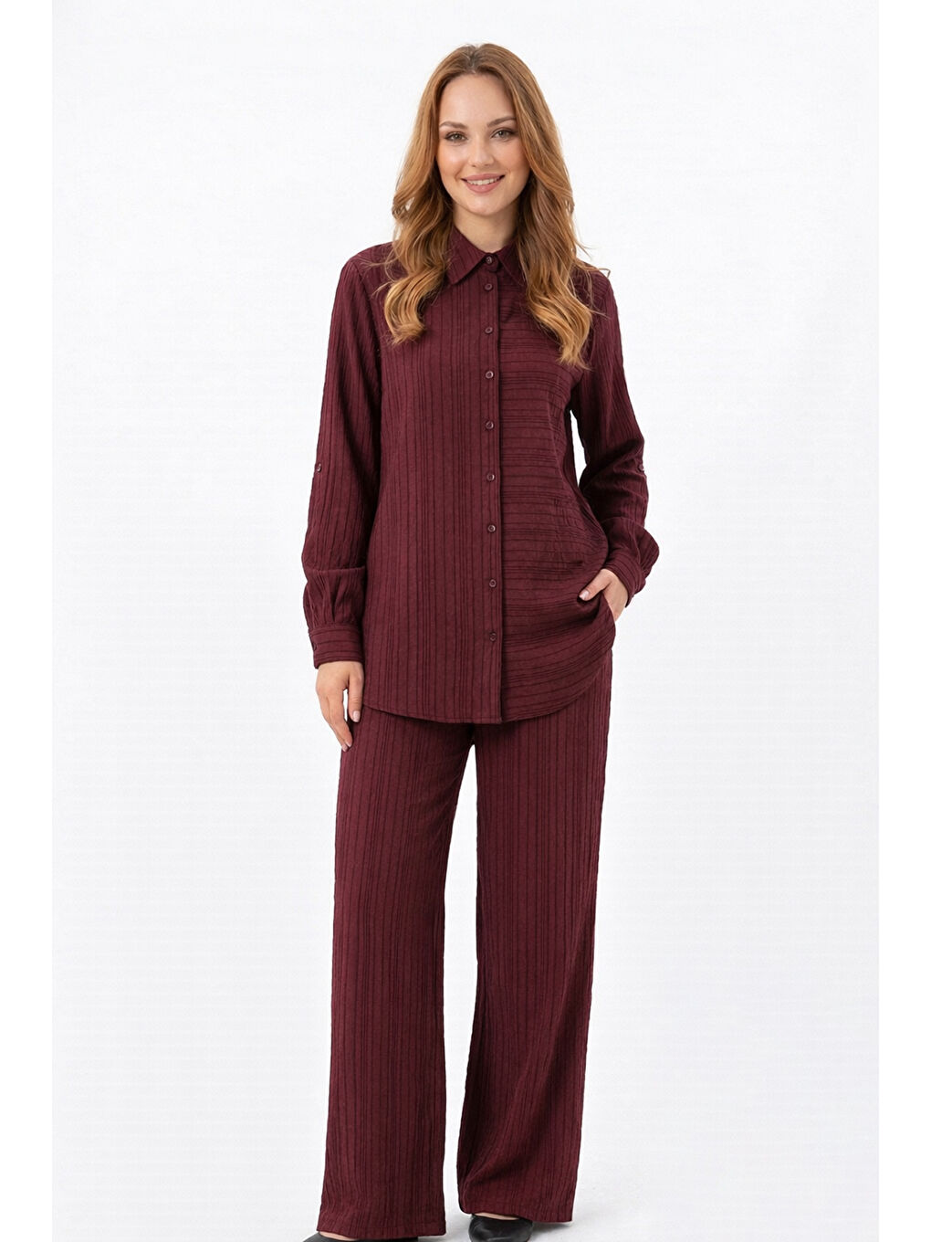 Önü Düğmeli Gömlek Pantolonlu Takım 1055 Mürdüm-3