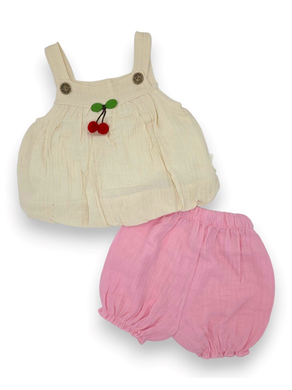 Pembe Kız Bebek Kiraz Detaylı Yazlık Müslin Takım, Müslin Askılı Bluz Ve Müslin Şortlu 2'li Takım-2