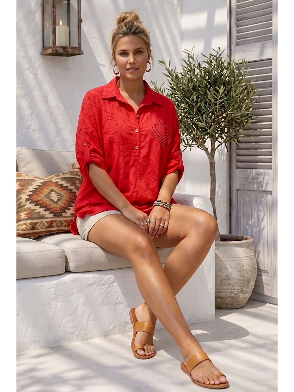 Kırmızı Narçiçeği Gömlek Yaka Kısa Kol Düğmeli File Cepli Brodeli Casual Pamuklu Dokuma Bluz 70 60-4