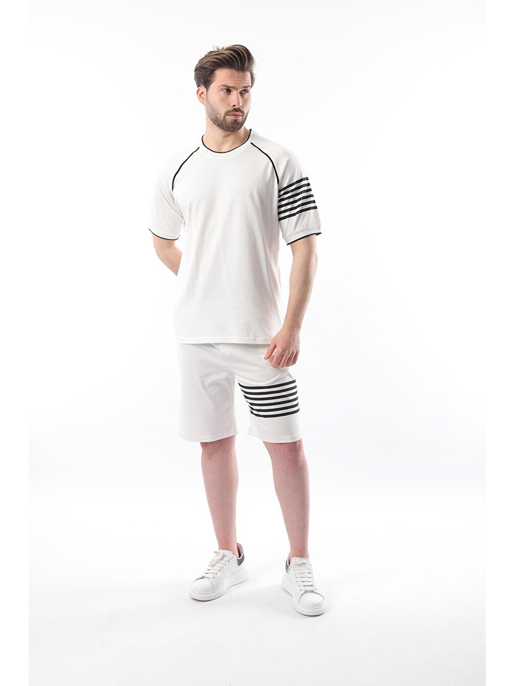 Ekru Baskılı Reglan Kol Erkek Şort T-Shirt %100 Pamuk Takımı E7306-1