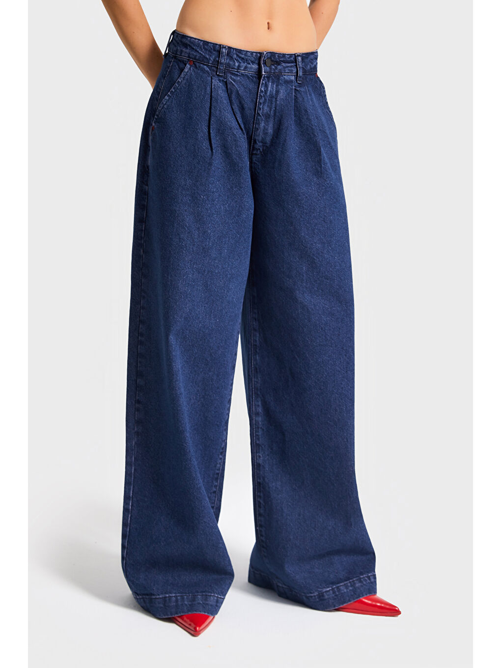 Kadın Koyu Mavi Renk 1w5-149 Palazzo Fit %100 Pamuk Özel Dökümlü Kumaş Denim Jean-4