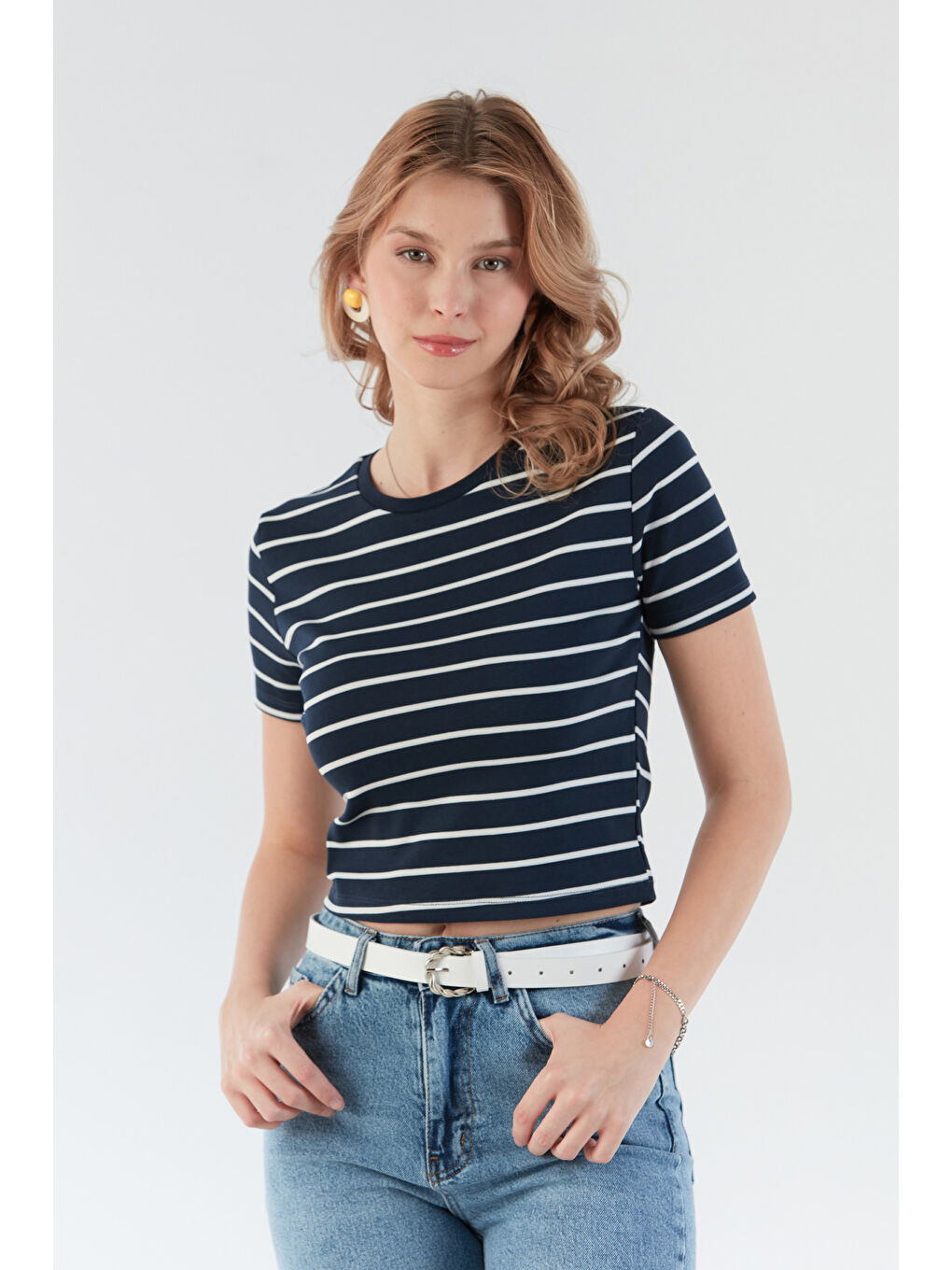 Lacivert Basic Çizgili Crop Tişört-3