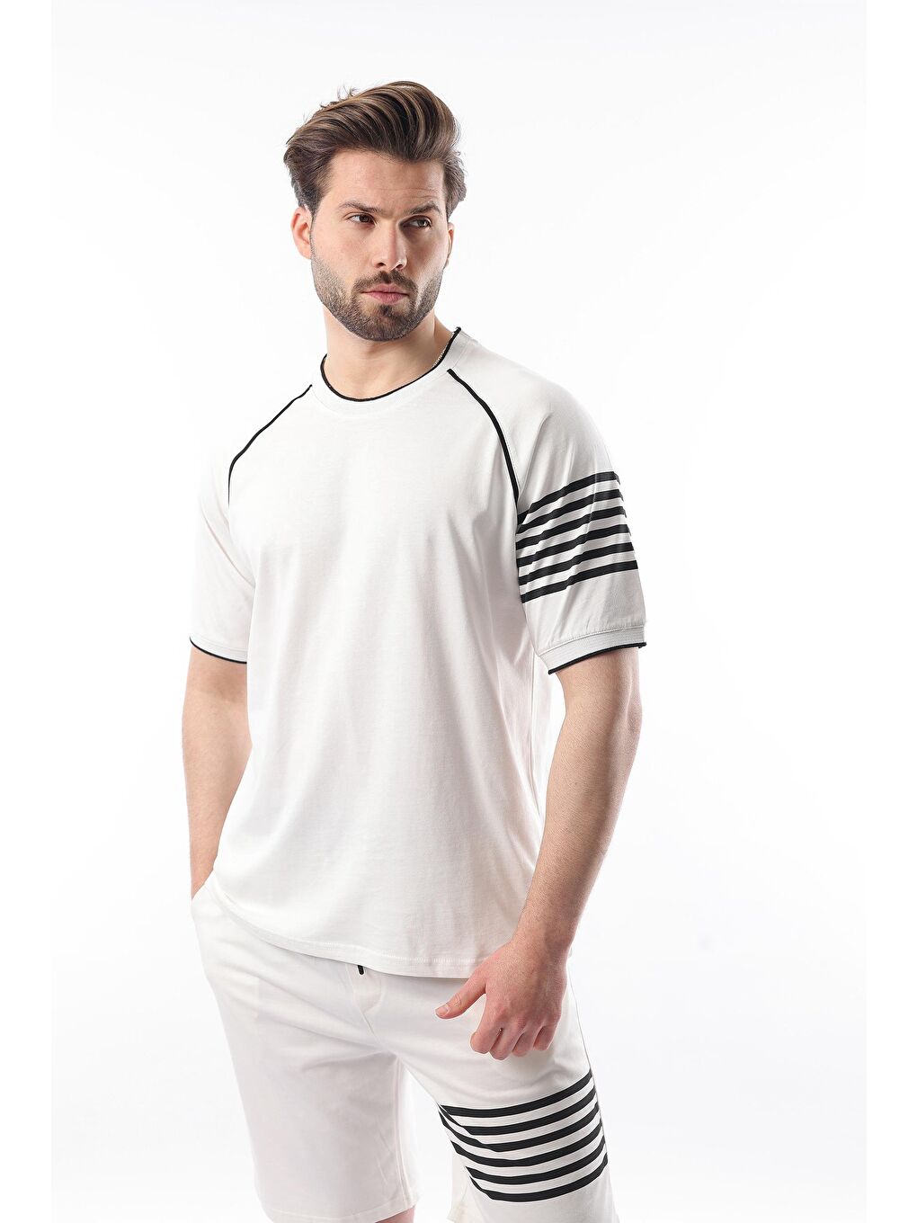 Ekru Baskılı Reglan Kol Erkek Şort T-Shirt %100 Pamuk Takımı E7306-2