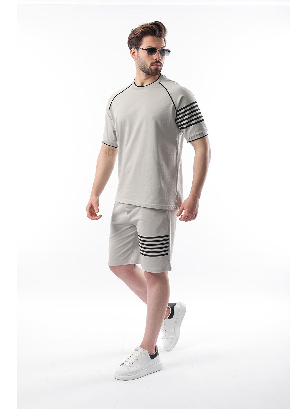 Boyalı Gri Baskılı Reglan Kol Erkek Şort T-Shirt %100 Pamuk Takımı E7306