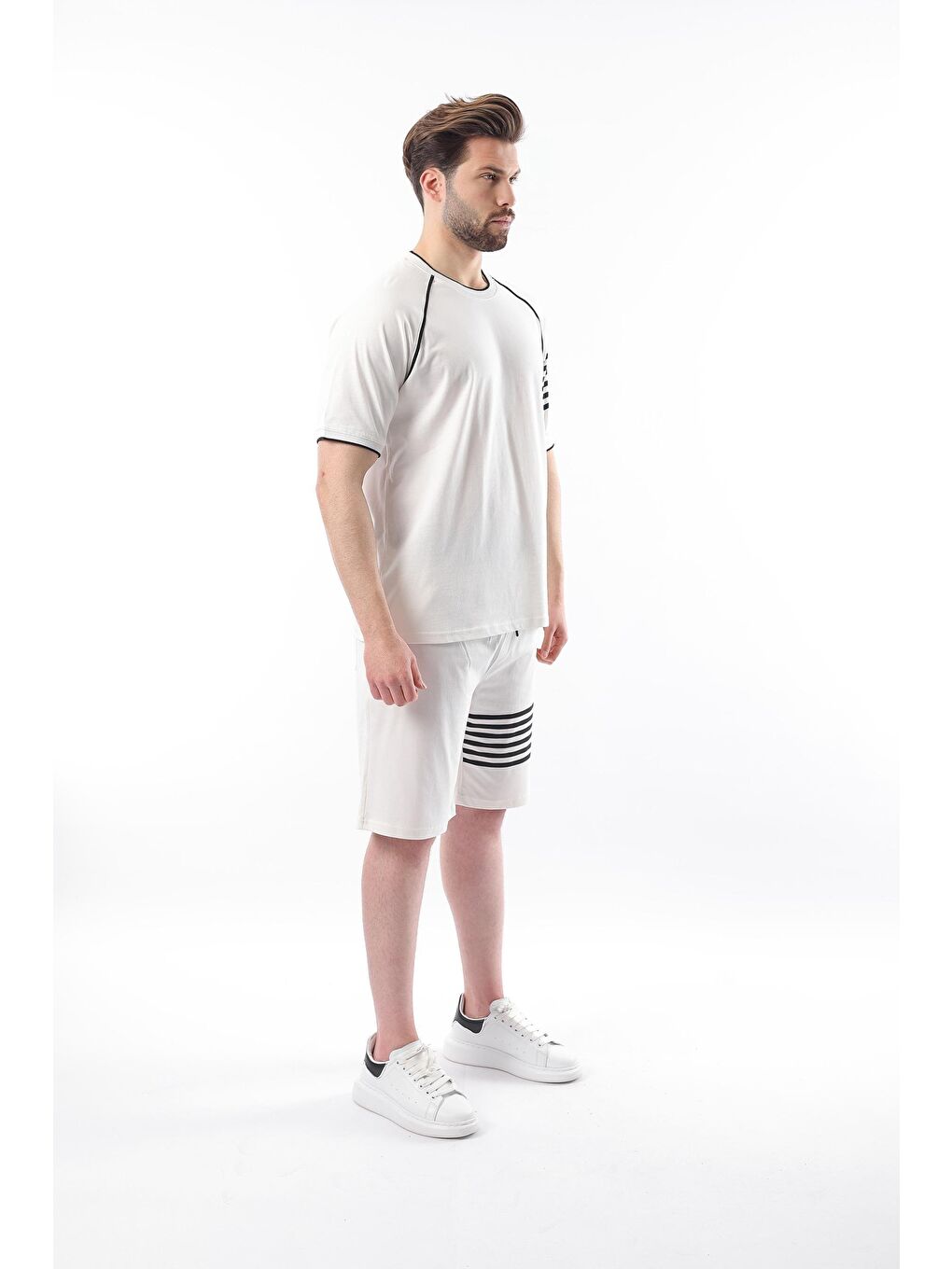 Ekru Baskılı Reglan Kol Erkek Şort T-Shirt %100 Pamuk Takımı E7306-3