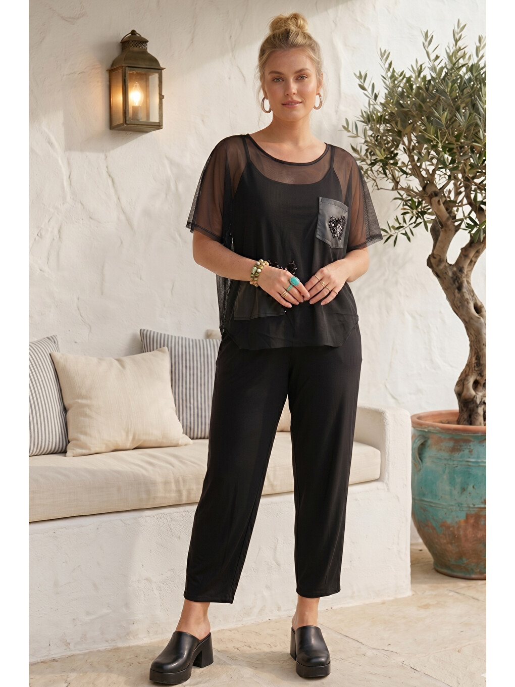Siyah Havuz Yaka Düşük Kol Üçlü Set Pul Payetli Casual Tüllü Dokuma Üçlü Set Takım 65-102 55-65-2