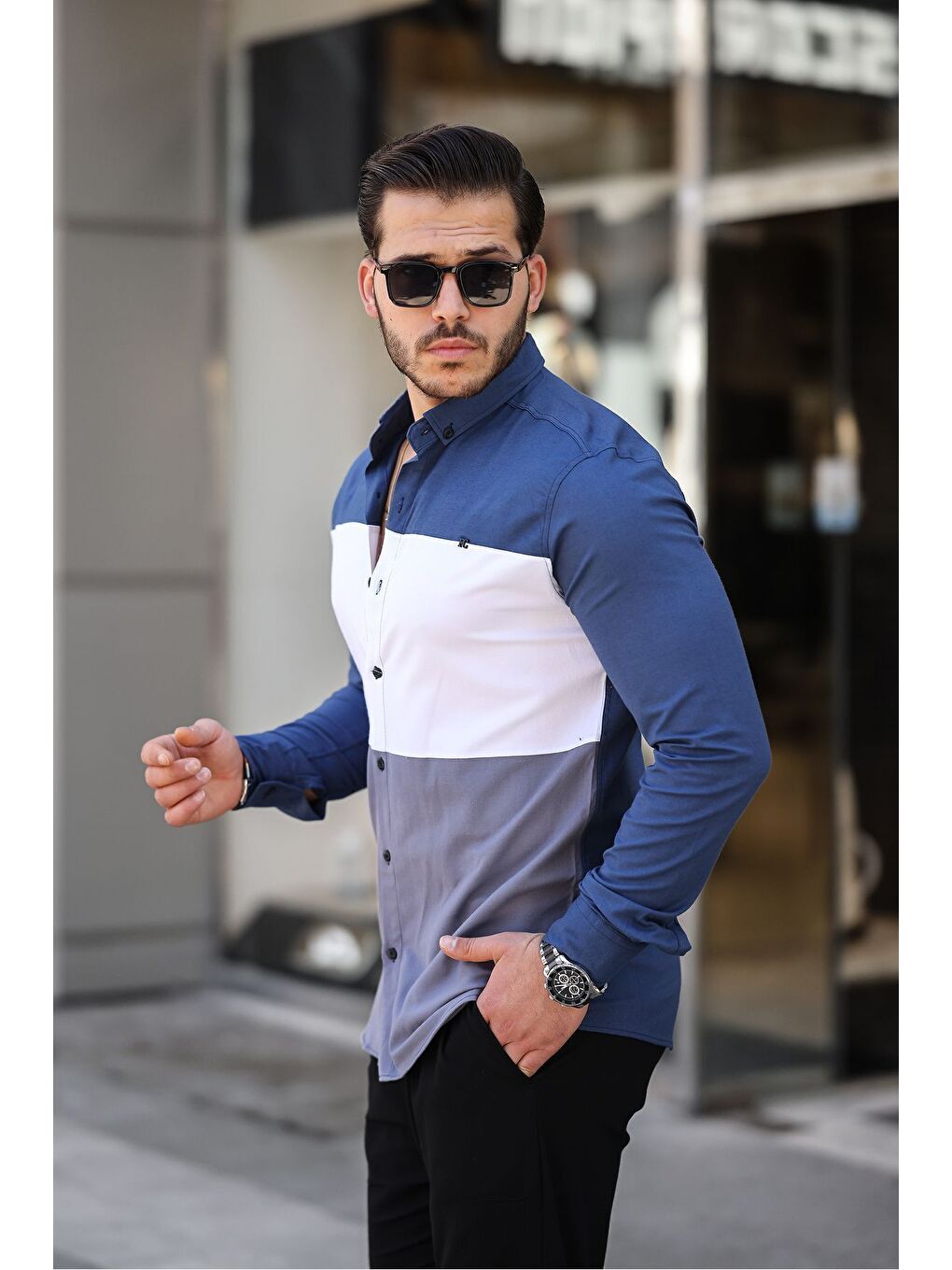 İndigo Üç Renk Slim Fit Elastanlı Jean Gömlek-2