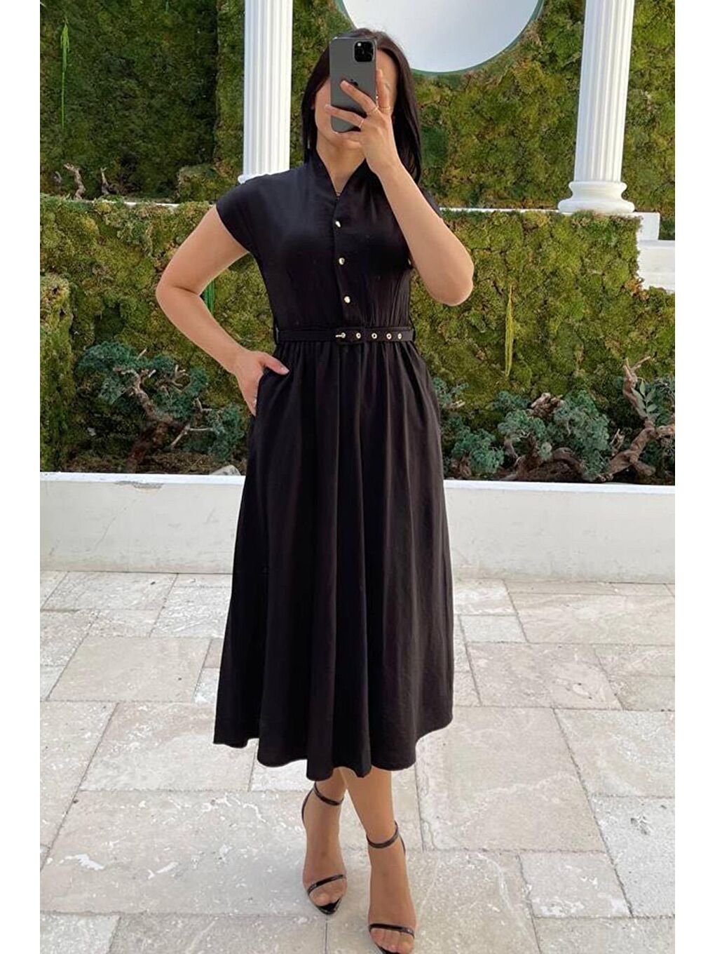 Siyah Kısa Kollu Midi Boy Kadın Elbise Mg2497-2