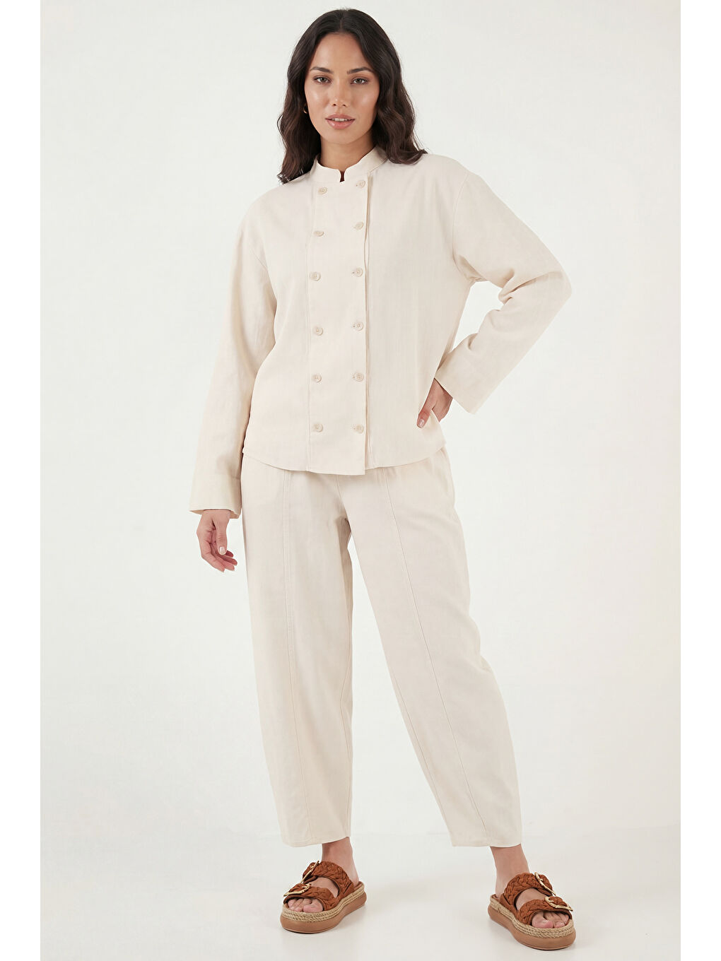 Ekru Pamuklu Hakim Yaka Kruvaze Düğmeli Kadın Takım 6928978-1