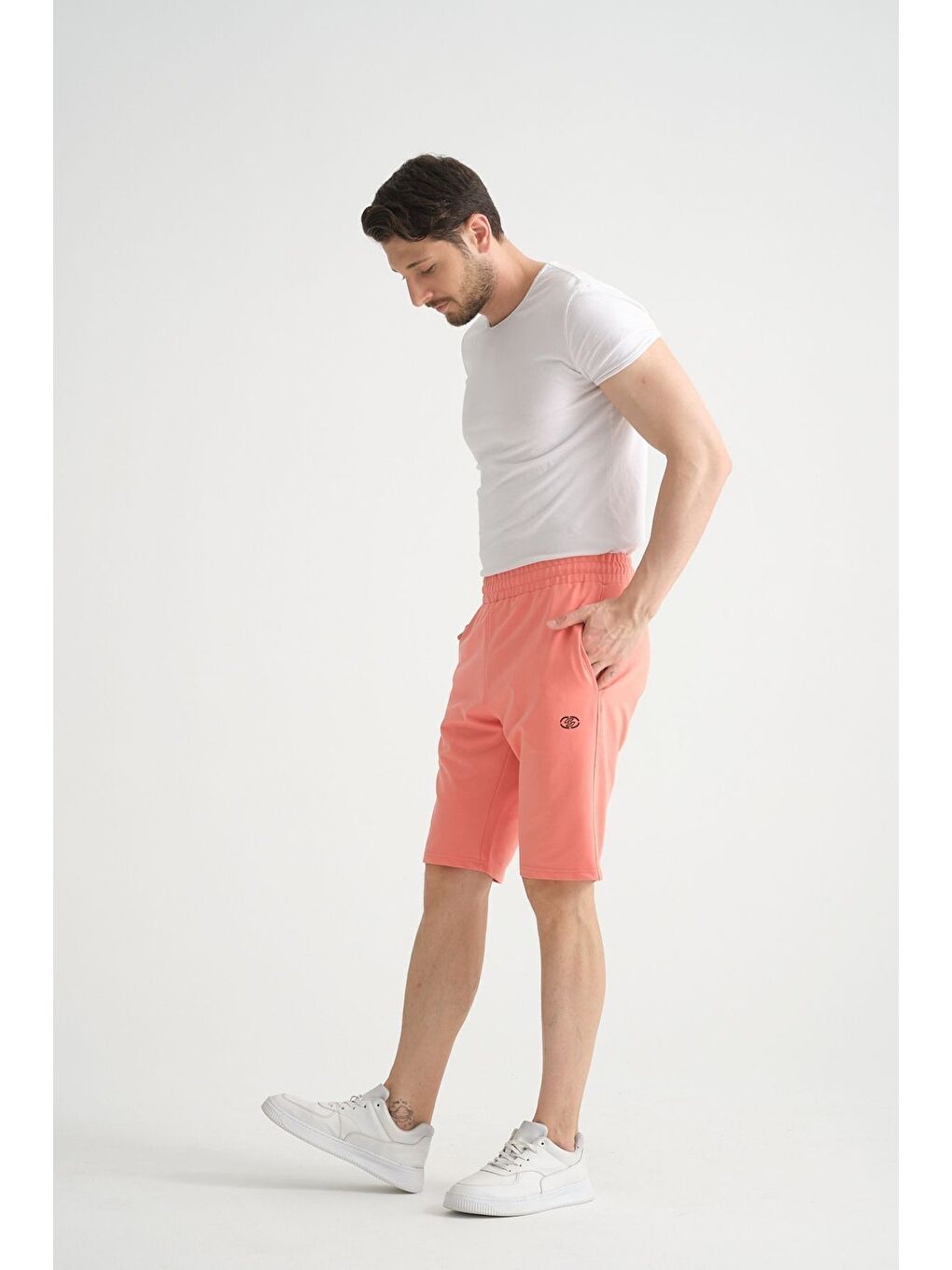 Pembe Şeftali Erkek Şort Minimal Logolu Pamuklu Regular Kalıp-5