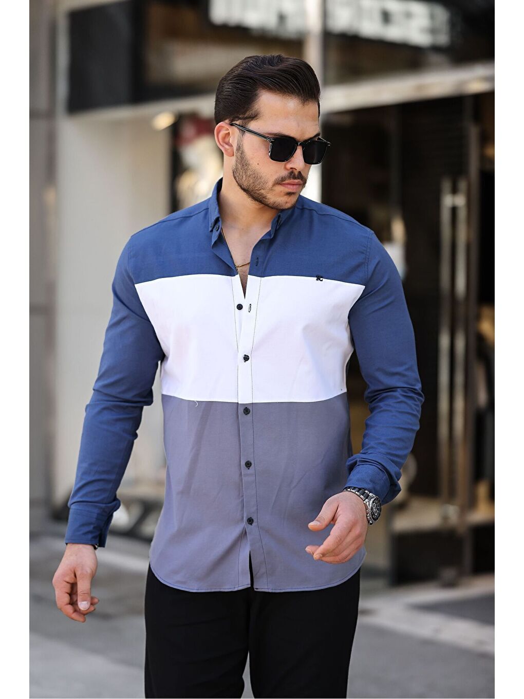 İndigo Üç Renk Slim Fit Elastanlı Jean Gömlek-3